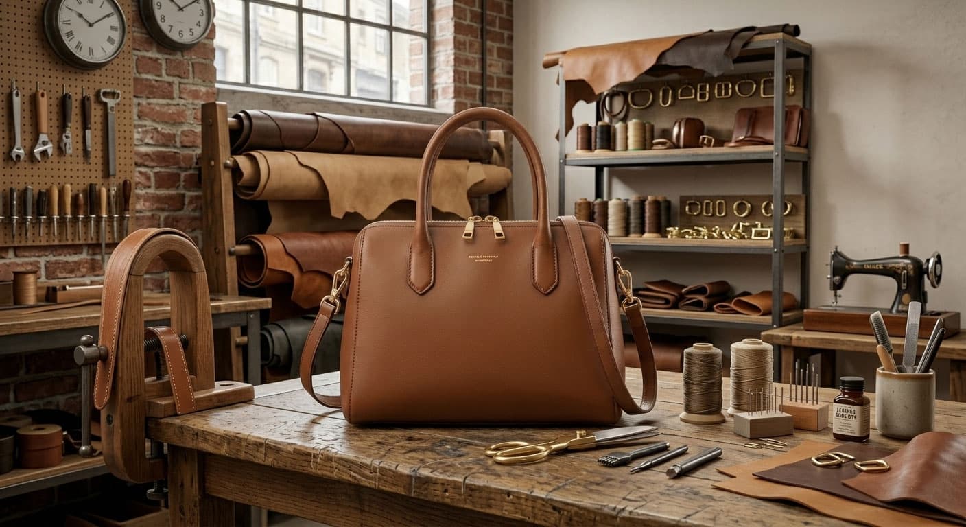 Brown leather handbag on a complex kitchen background before AI background removal