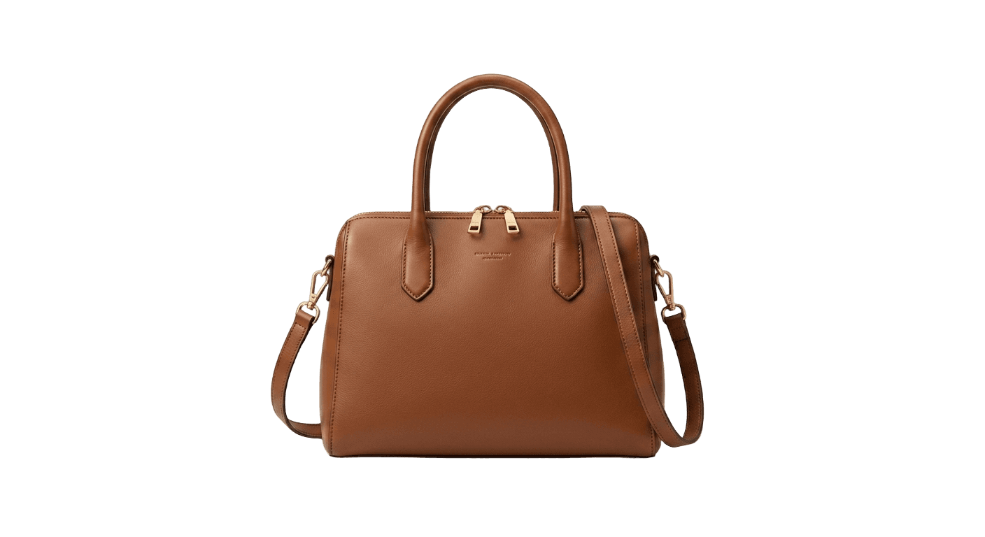 Brown leather handbag isolated on transparent PNG background after AI background removal